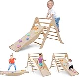 4-in-1 Montessori Kletterdreieck, Klettergerüst Indoor mit Rutsche, Kletterleiter und Kletterbogen, Wippe, Faltbares Holz Klettern Spielzeug Indoor Outdoor Set, Indoor Spielplatz 1-5 Jahre