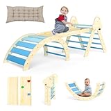 Puecrof 7-in-1 Montessori Kletterdreieck mit Kissen – Holz Kletterspielzeug für Kleinkinder 1-3 Jahre – Indoor Kletterbogen mit Rutsche, Leiter & Spielbogen (Blue)