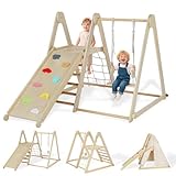 LEADZM 7-in-1 Faltbares Klettergerüst mit Verstellbarer Schaukel und Zelt, Holz-Kletterturnhalle mit Netz, Leiter und bunten Steinen