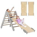 COSTWAY Kletterdreieck mit Rutsche, Klettergerüst Indoor ab 1 Jahr, Sprossendreieck Kletterrampe aus Holz, zum Klettern & Rutschen (Grau)