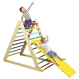 GOPLUS Kletterdreieck mit Rutsche, Klappbare Hühnerleiter, Sprossenwand aus Holz, Indoor Spielplatz mit 60 kg Belastbar, mit Regenbogen-Stufen, für Kinder von 3 Jahre bis zu 6 Jahre (Bunt)