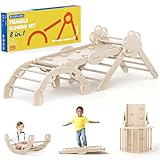 COSYLAND Klettergerüst Indoor L – Großes Kletterdreieck Set mit Kletterbogen & Rutsche – 8-in-1 Massivholz-Spielplatz für Kinder ab 18 Monaten – Hellholz