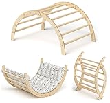 Bellabino Ruki 2in1 Kletterbogen und Wippe mit Kissen 'Graue Sterne ', Klettergerüst Indoor, Kletterdreieck aus Buche massiv, Natur lackiert, Spielbogen Holz zusammenklappbar